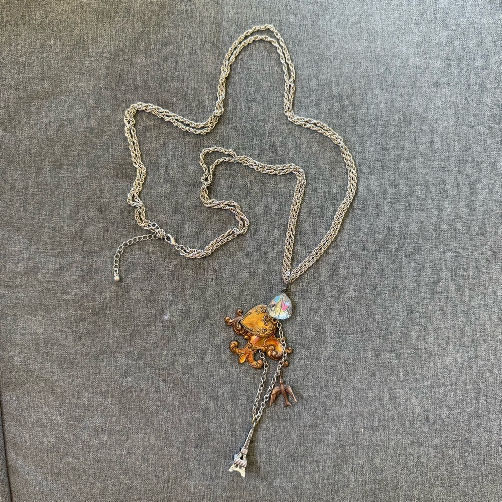 Paris Themed Charm Necklace with Eiffel Tower Pendant 30” Long